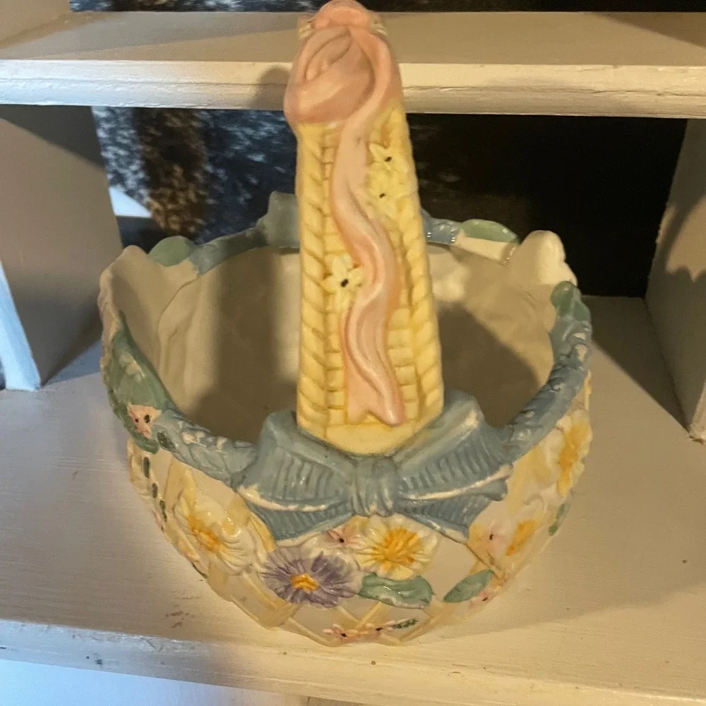 Ceramic Basket Floral Embossed Pastel Colors‎ Easter Spring Decor